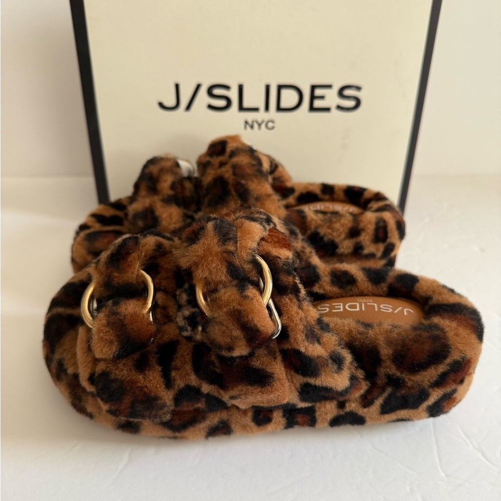 JSLIDES Shearling Leopard Print Fur Gold Buckle Chunky Tan Slippers Women Size 6